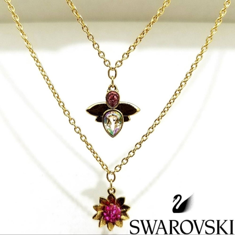 Swarovski Bloom gold and pink double pendant necklace Genuine
